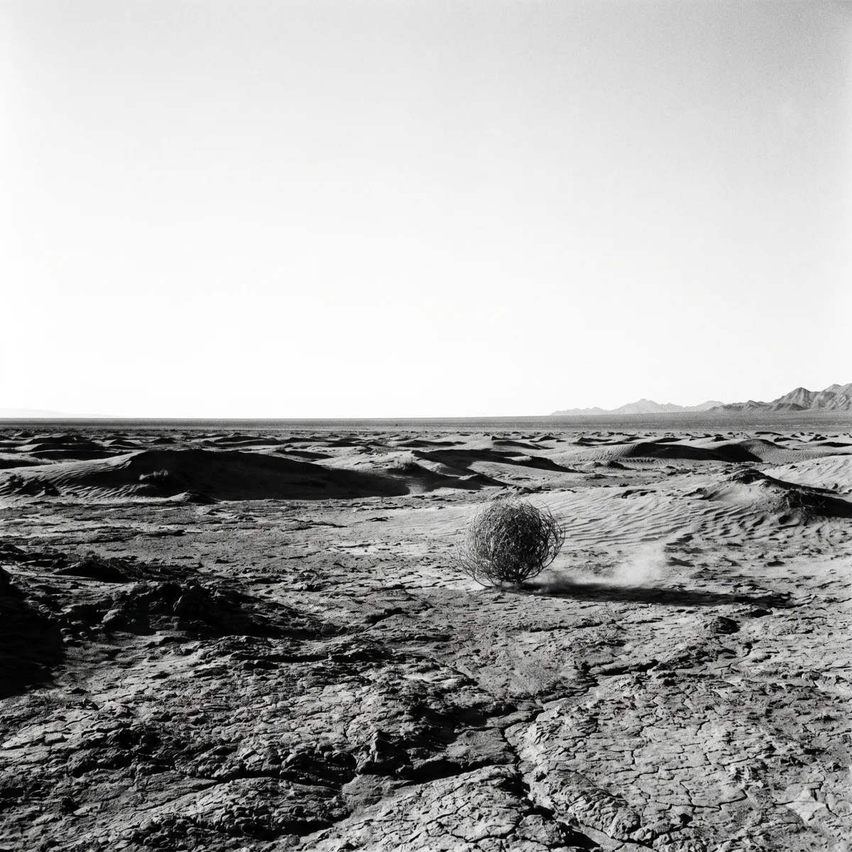 A lone tumbleweed rolls across a vast empty desert — black and white wide shot